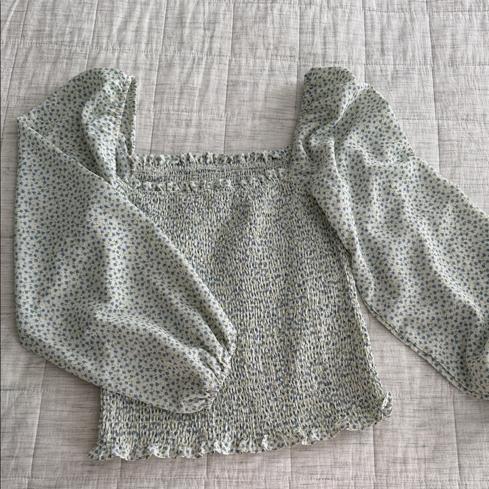 Amazon Light Sage Floral Smocked Square-Neck Blouse